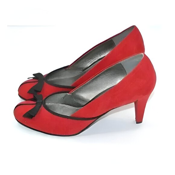 Vintage 90s Claiborne Christmas Red Black Bow Dress Court Pump Cone Heels 10 - Picture 3 of 7